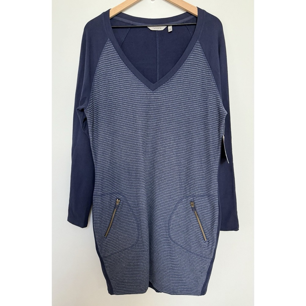 NWT Athleta Dress Size‎ XL Striped V-Neck Long Sleeve Knee Length Navy Blue